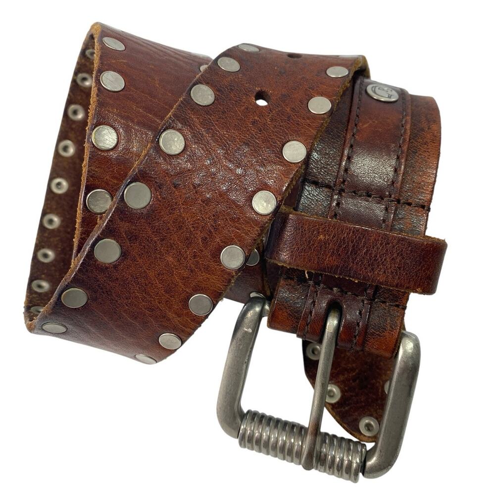 Vintage Closed Studded Leather Belt Brown Moto Western Y2K  32"-36" Large GUC